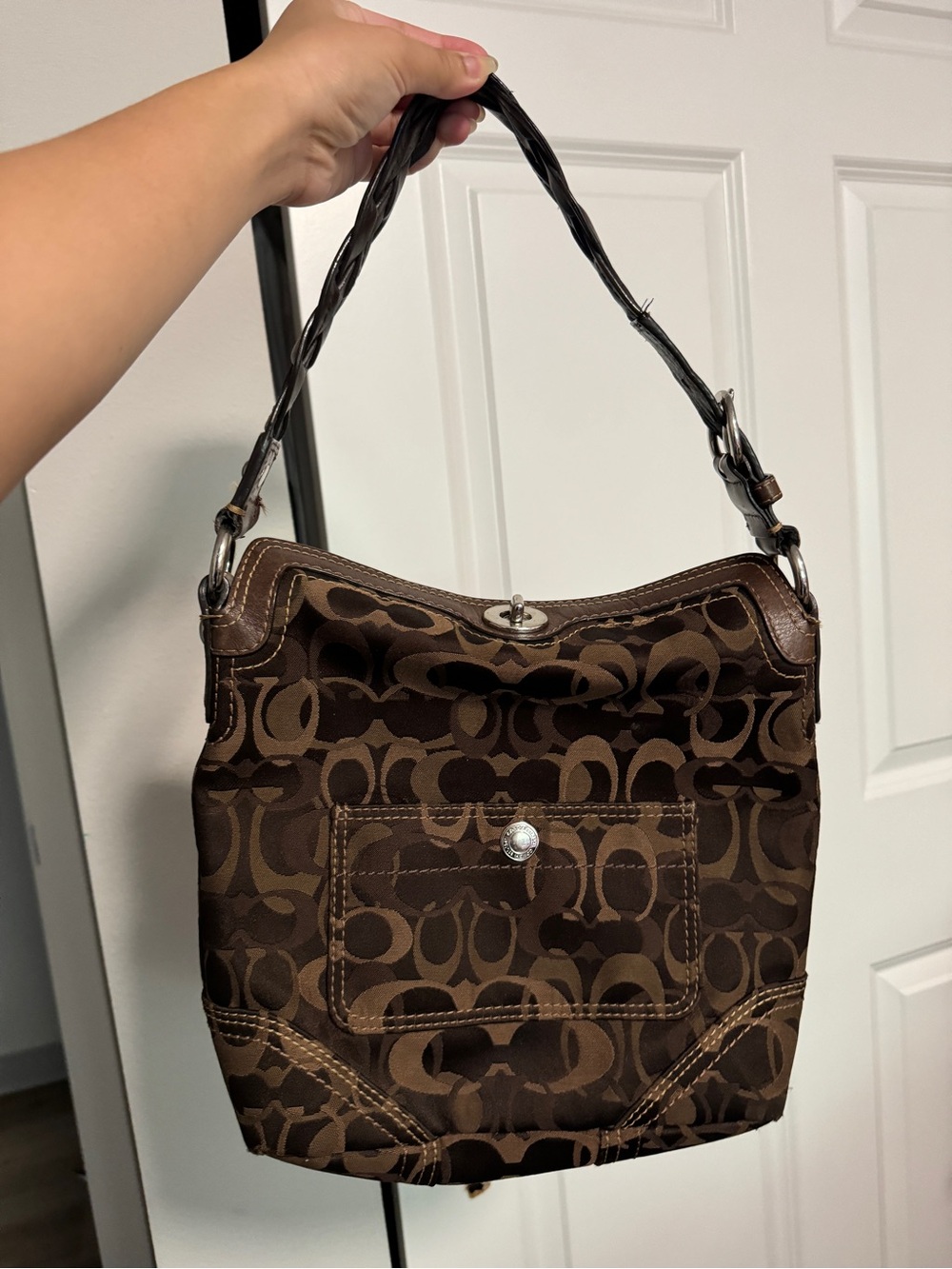 Coach Brown Signature Canvas Shoulder Bag with Braided Handle